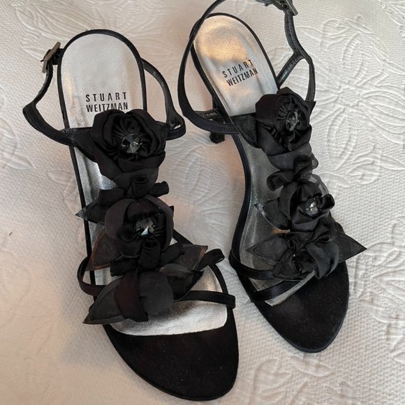 Stuart Weitzman Black Open Toe Flower Heels - Picture 2 of 3